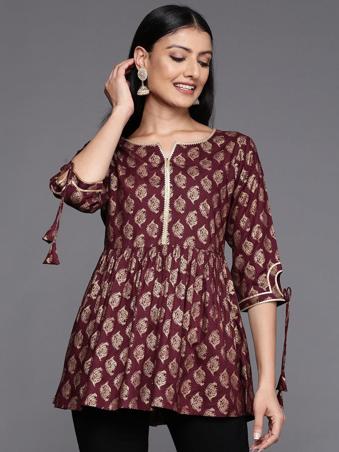 Maroon Printed Rayon A-Line Kurti