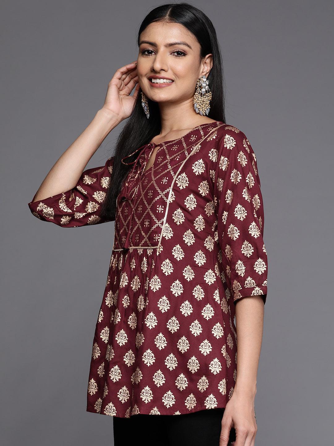 Maroon Printed Rayon A-Line Kurti