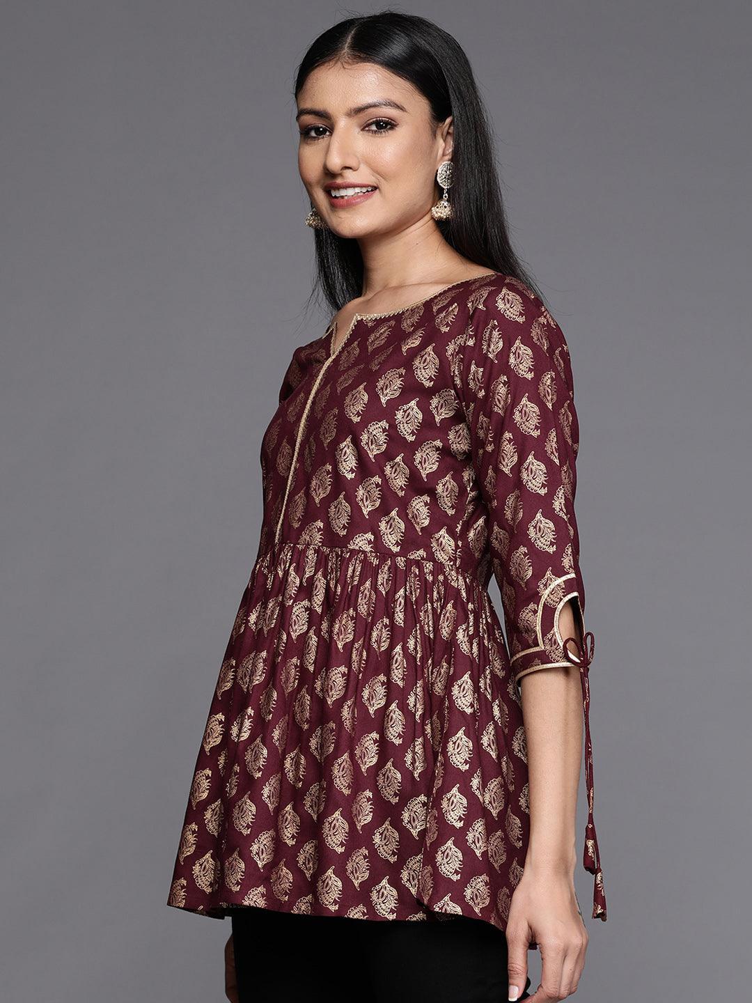 Maroon Printed Rayon A-Line Kurti