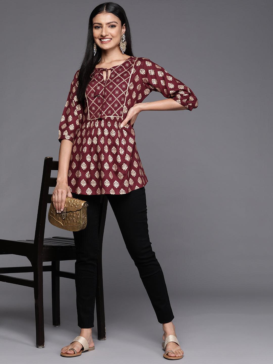 Maroon Printed Rayon A-Line Kurti