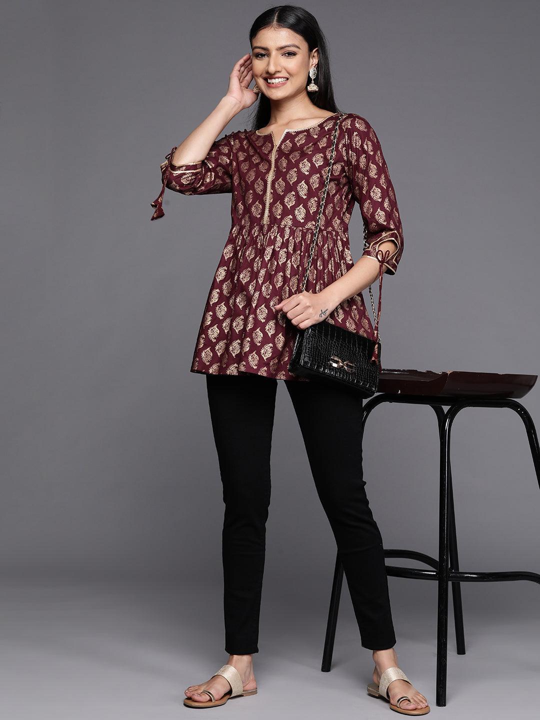 Maroon Printed Rayon A-Line Kurti