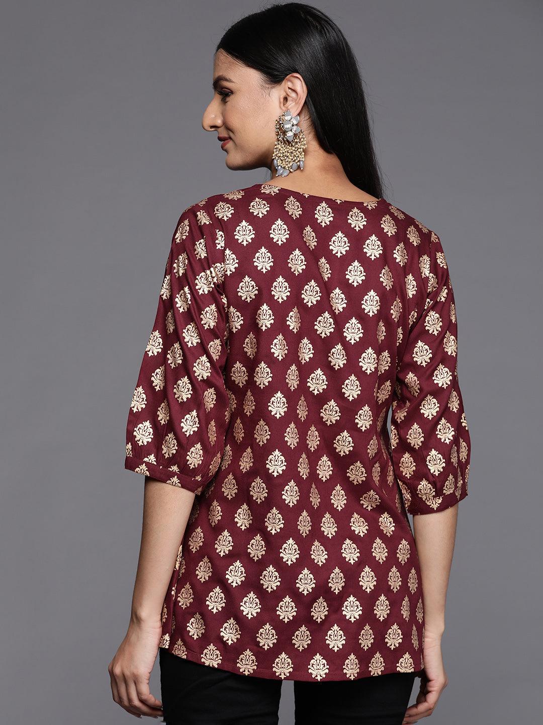 Maroon Printed Rayon A-Line Kurti