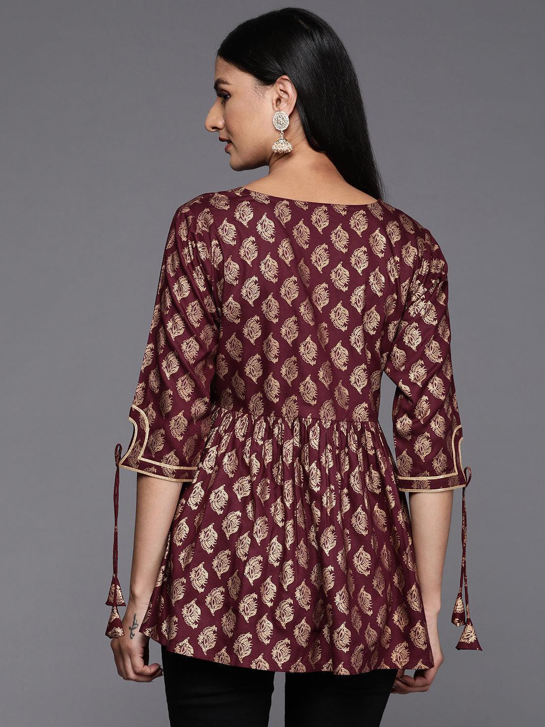 Maroon Printed Rayon A-Line Kurti