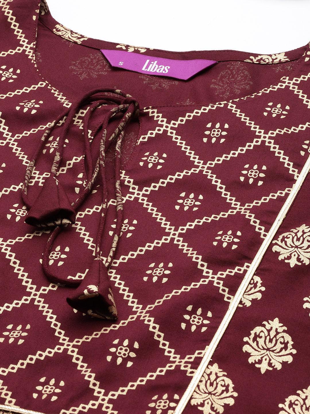 Maroon Printed Rayon A-Line Kurti