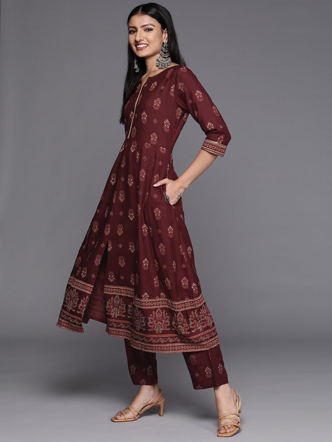 Maroon Printed Rayon Anarkali Kurta