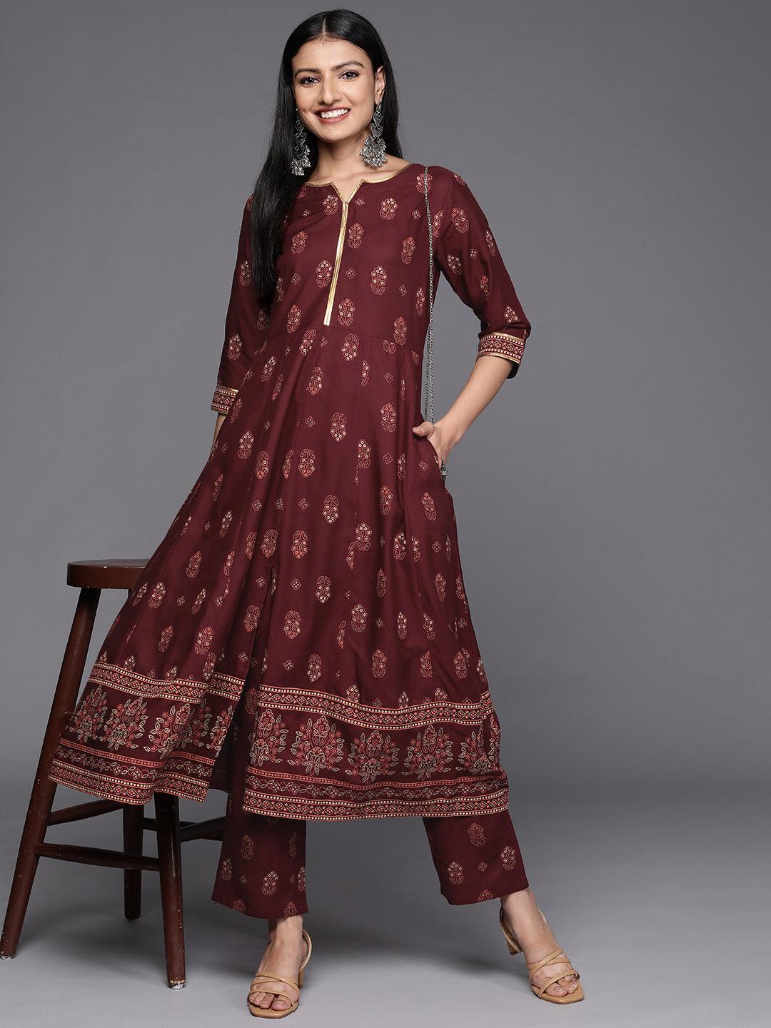 Maroon Printed Rayon Anarkali Kurta