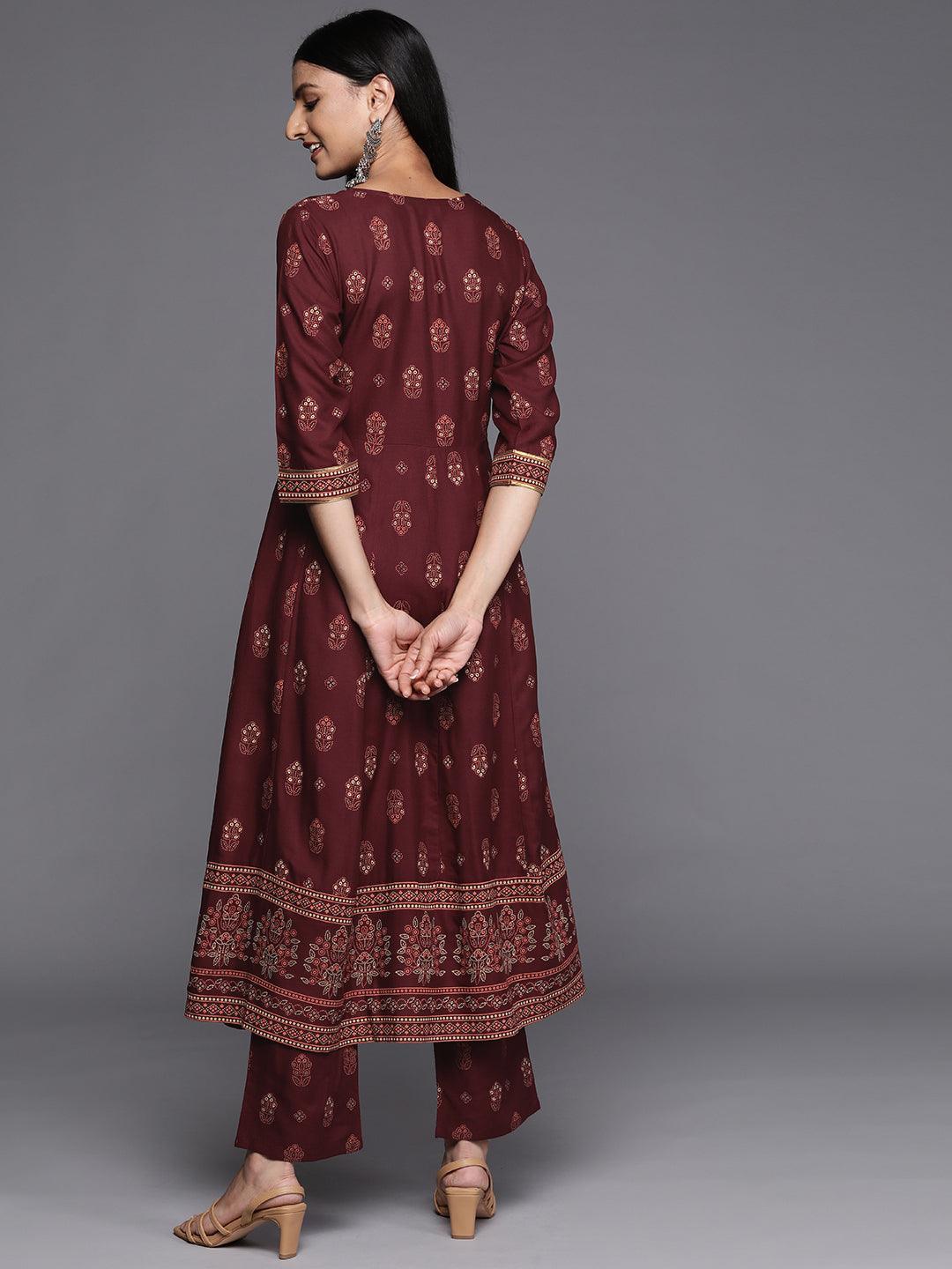 Maroon Printed Rayon Anarkali Kurta