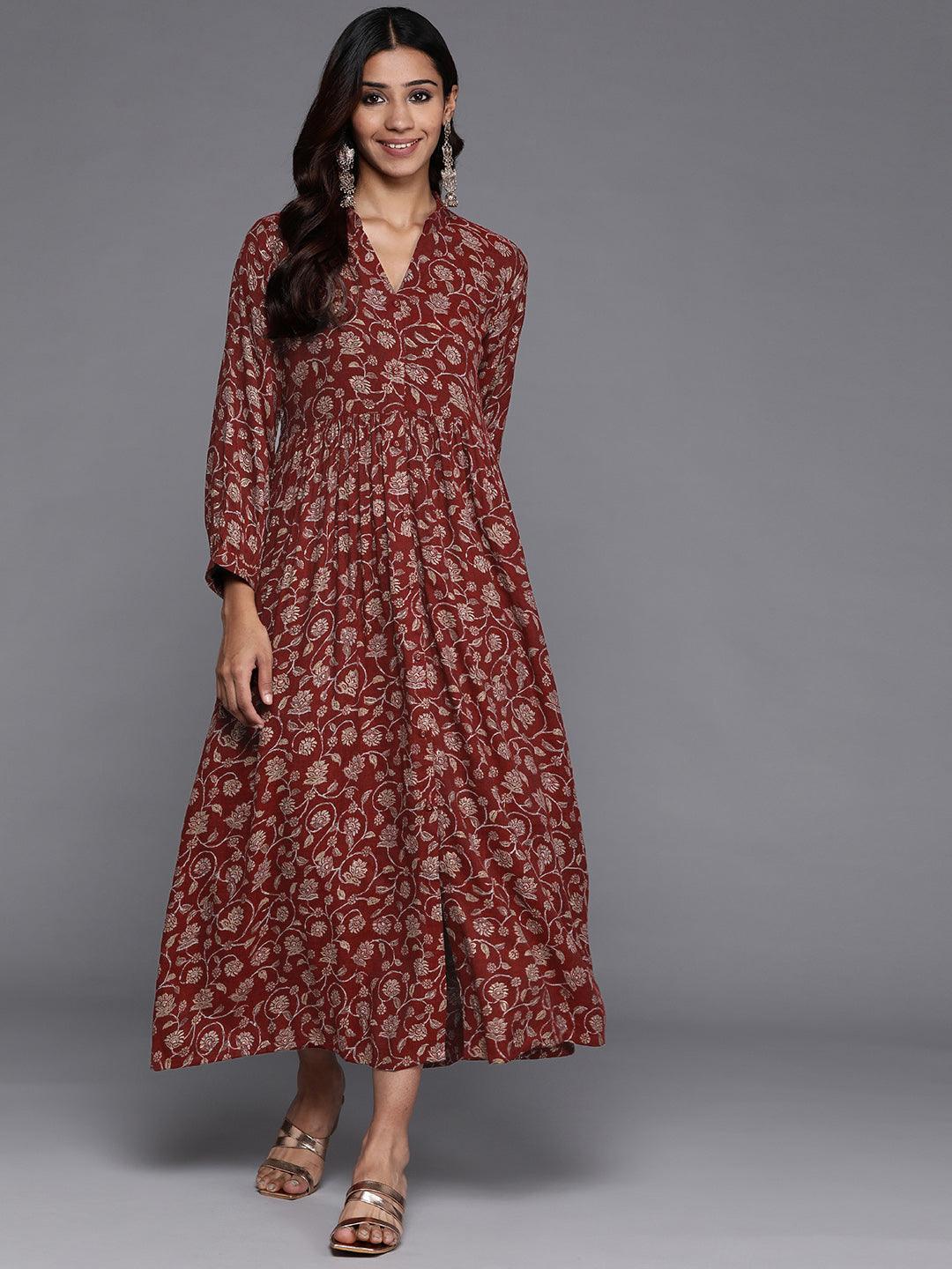 Maroon Printed Rayon Fit and Flare Dress