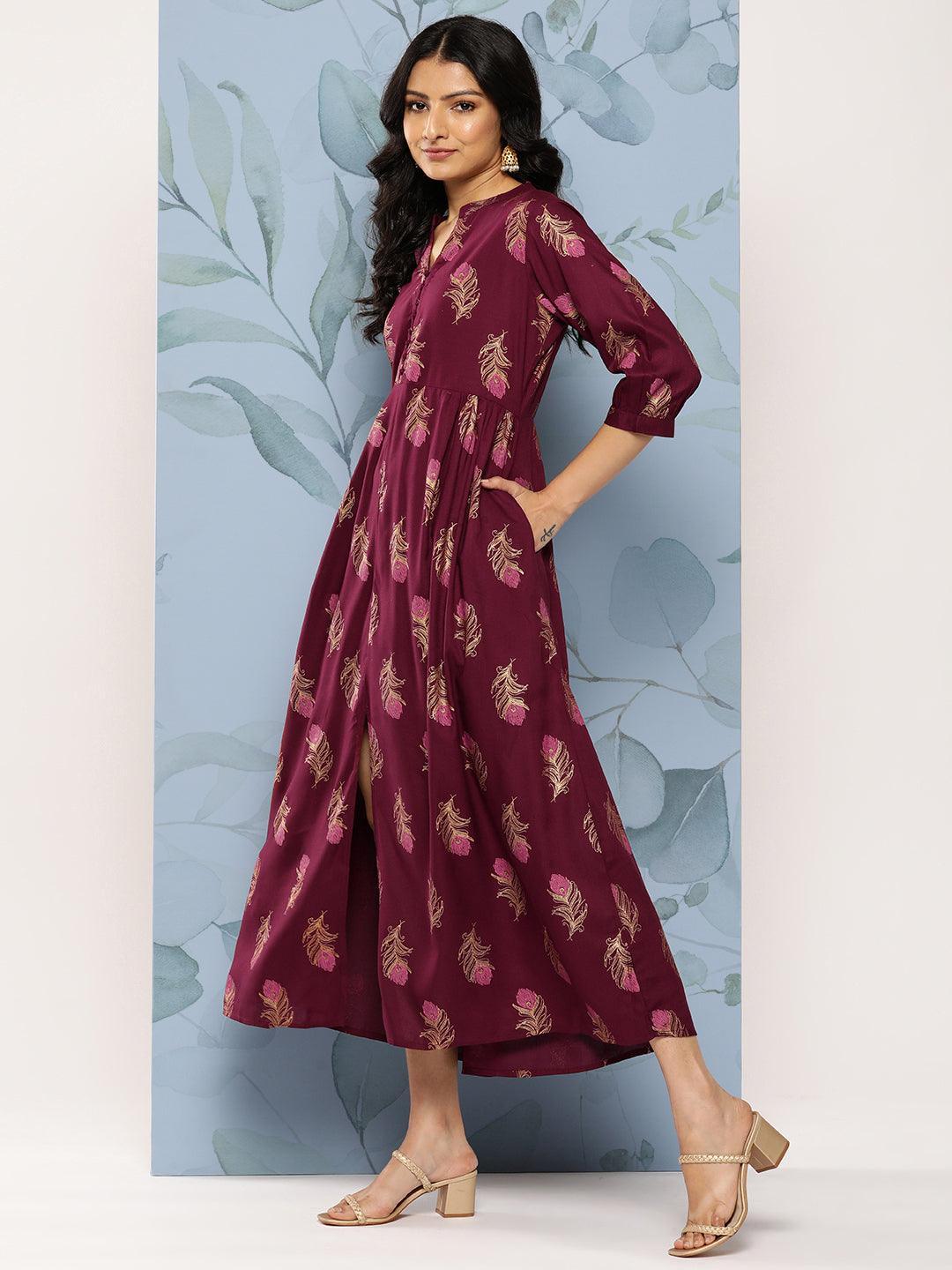 Maroon Printed Rayon Fit and Flare Dress - Libas