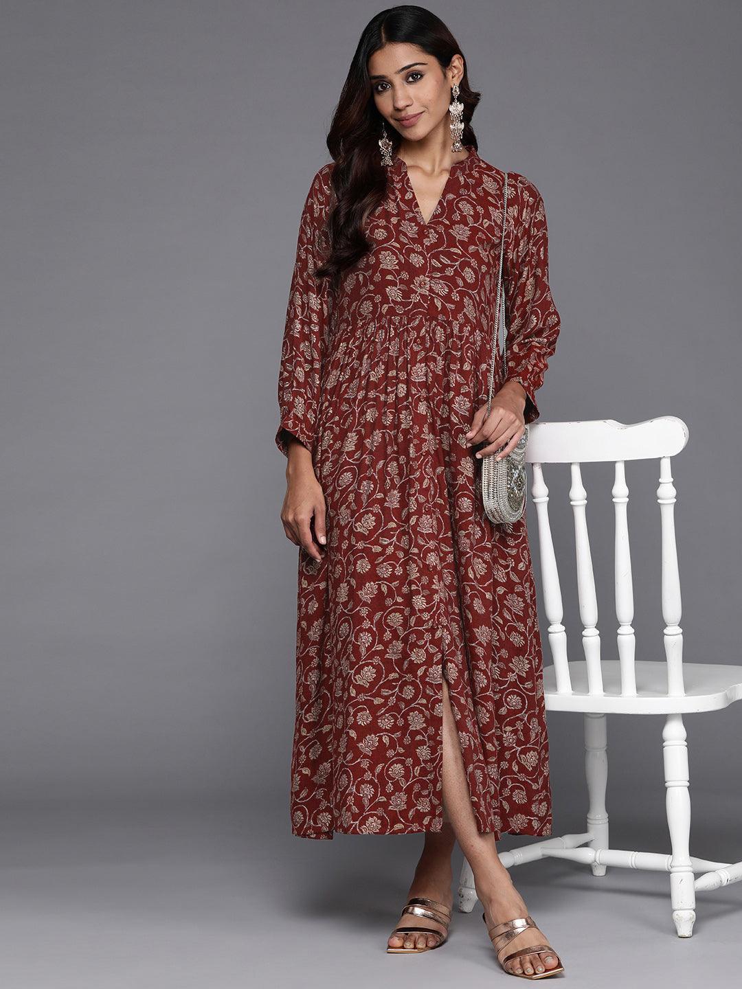 Maroon Printed Rayon Fit and Flare Dress