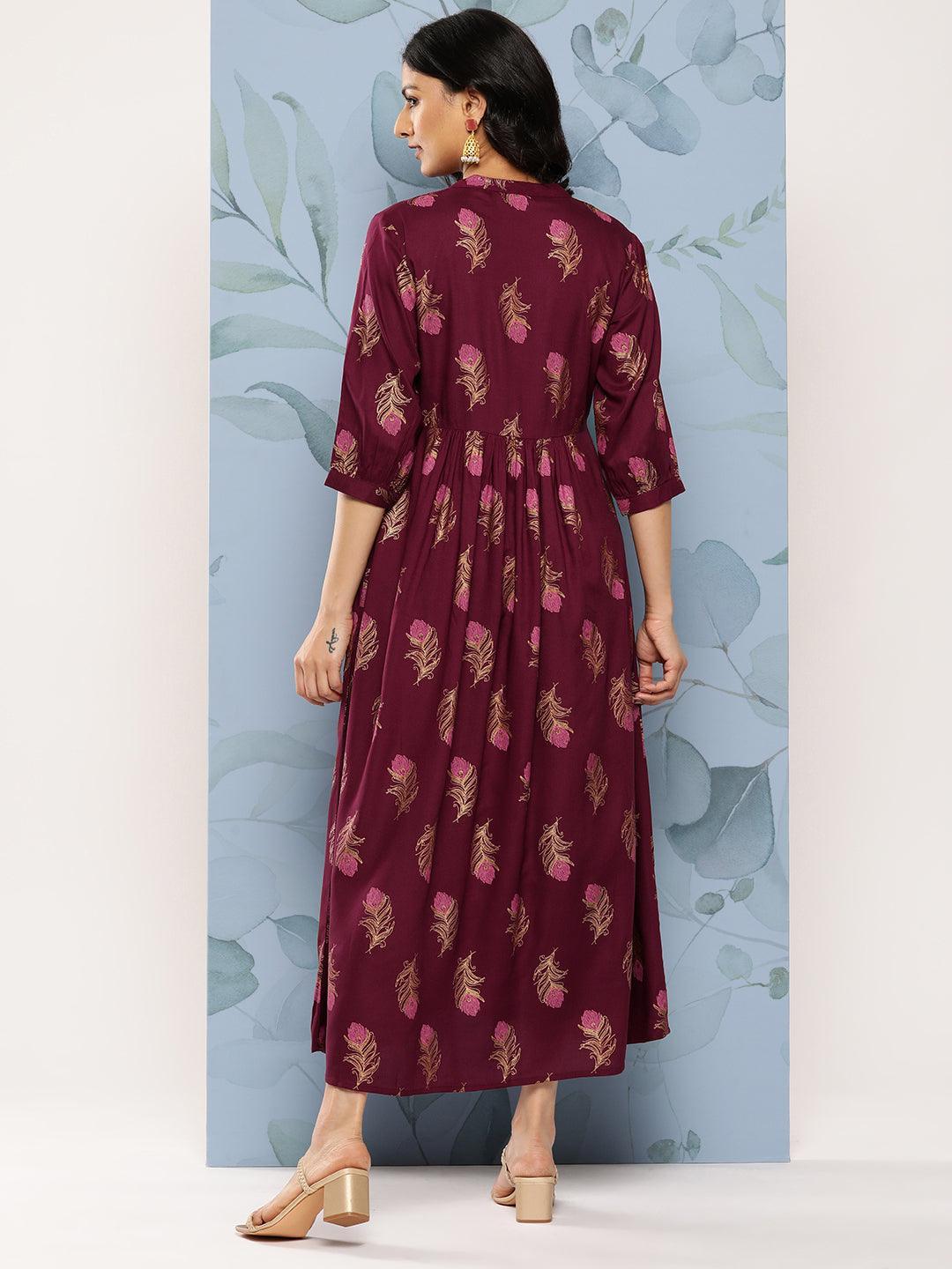 Maroon Printed Rayon Fit and Flare Dress - Libas