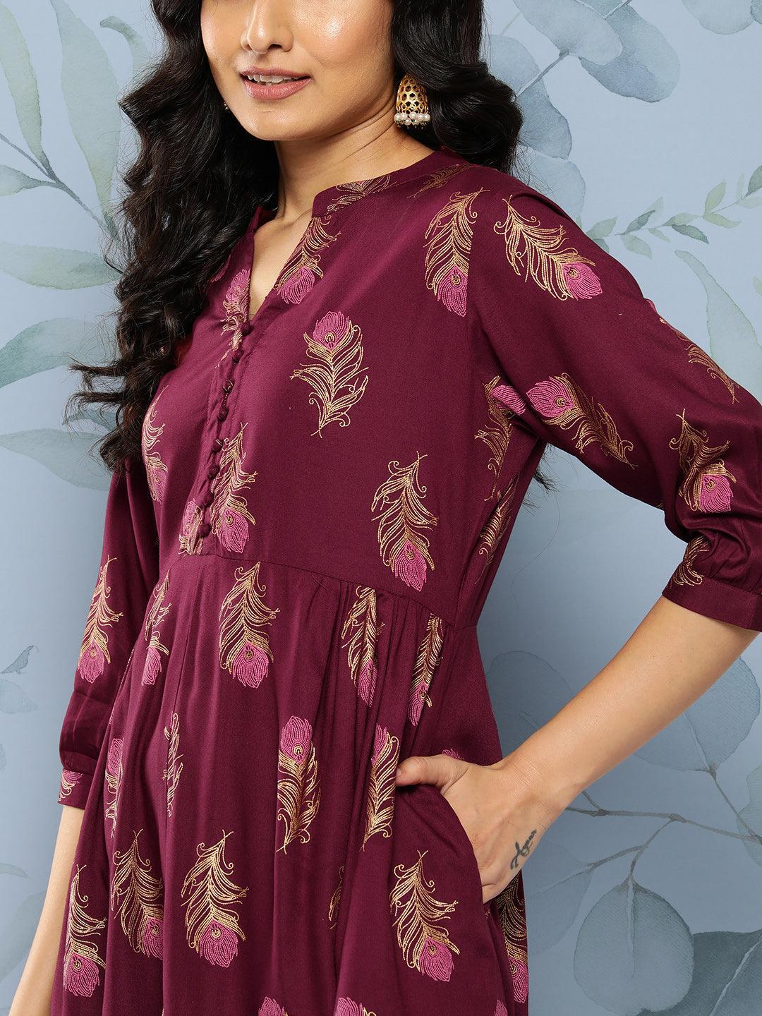 Maroon Printed Rayon Fit and Flare Dress - Libas