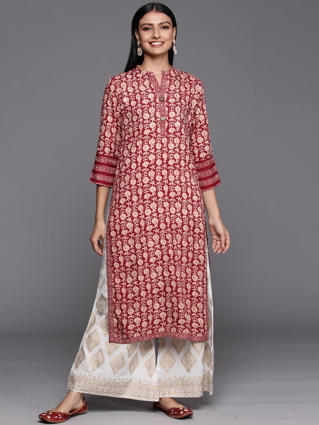 Maroon Printed Rayon Straight Kurta