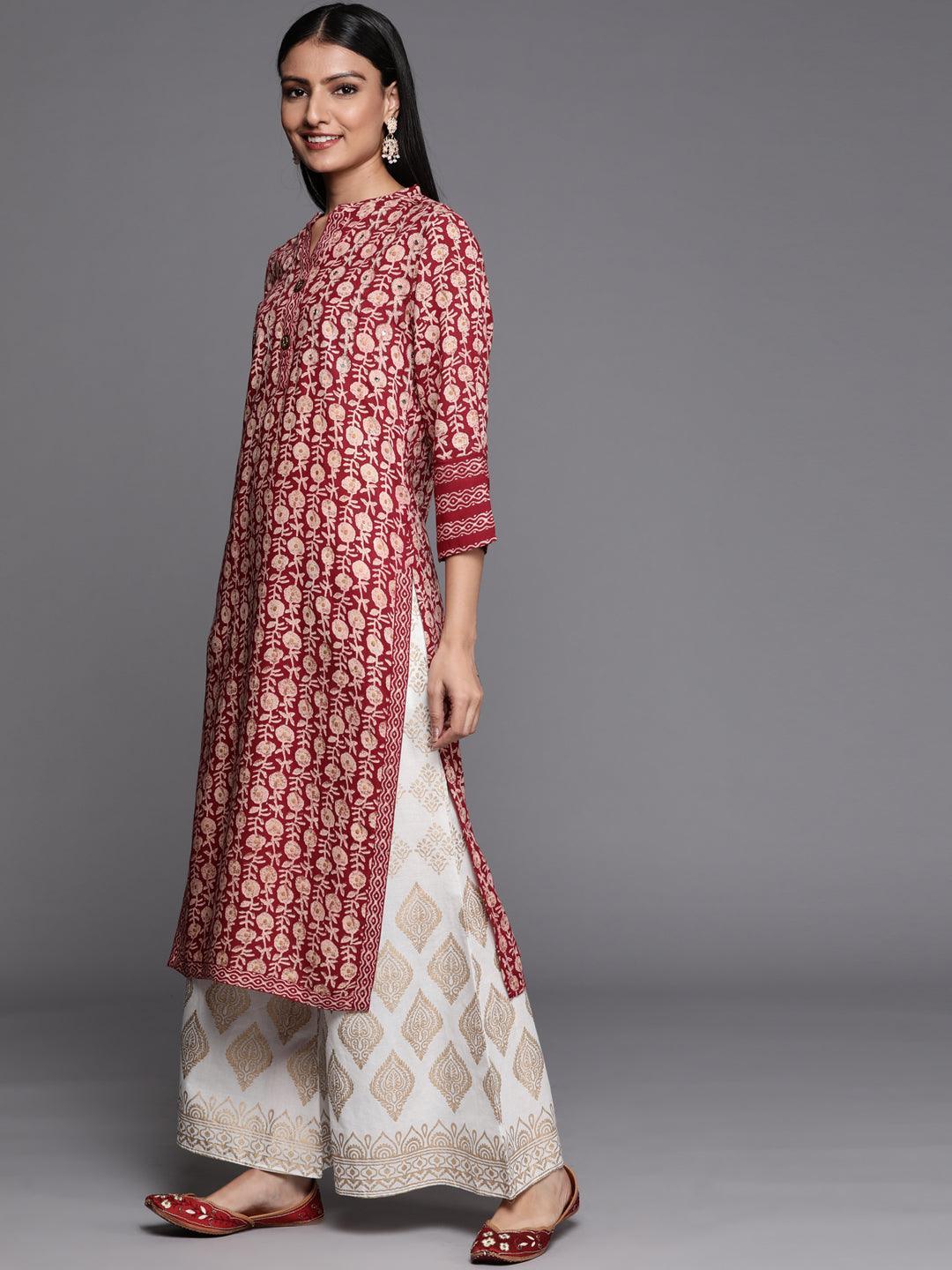 Maroon Printed Rayon Straight Kurta