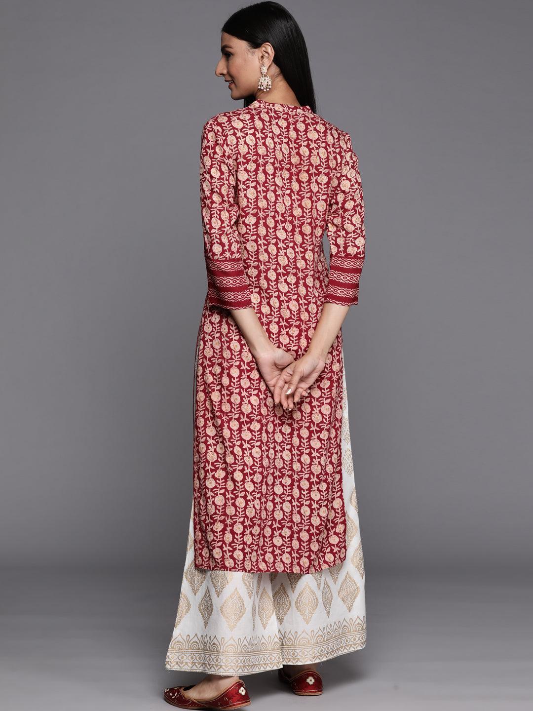 Maroon Printed Rayon Straight Kurta