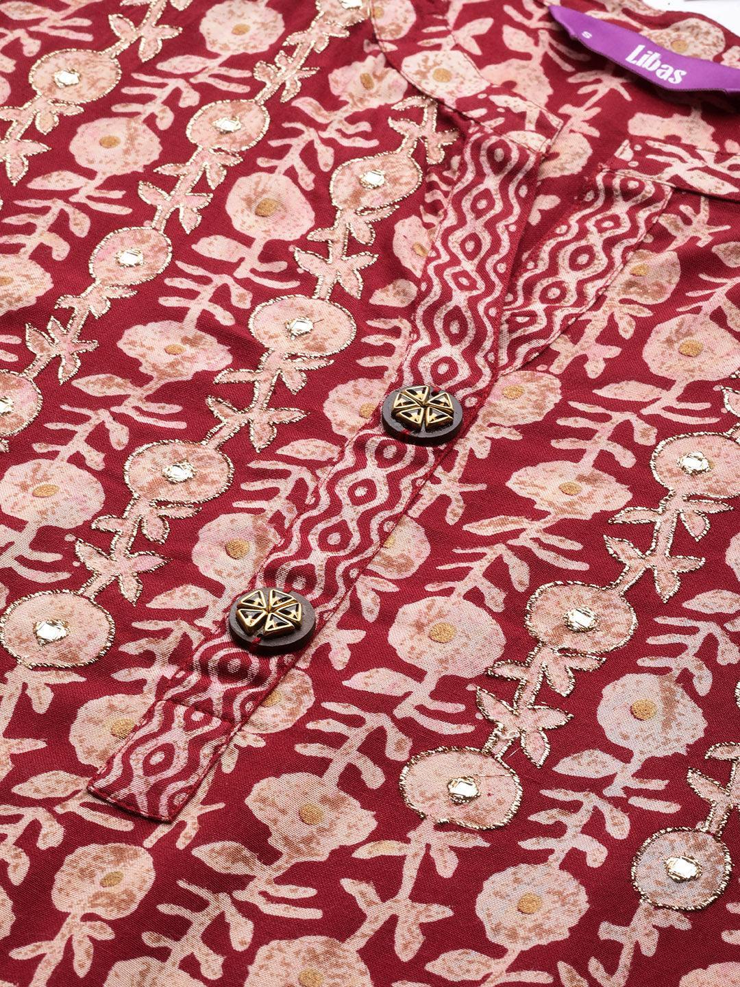 Maroon Printed Rayon Straight Kurta