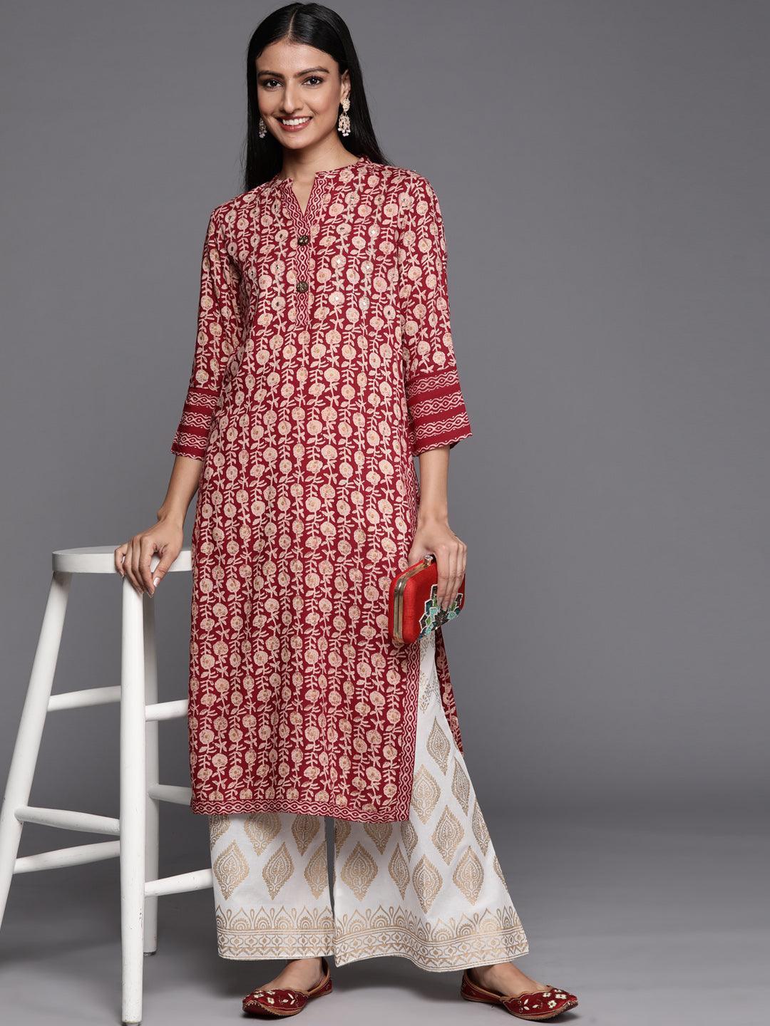 Maroon Printed Rayon Straight Kurta