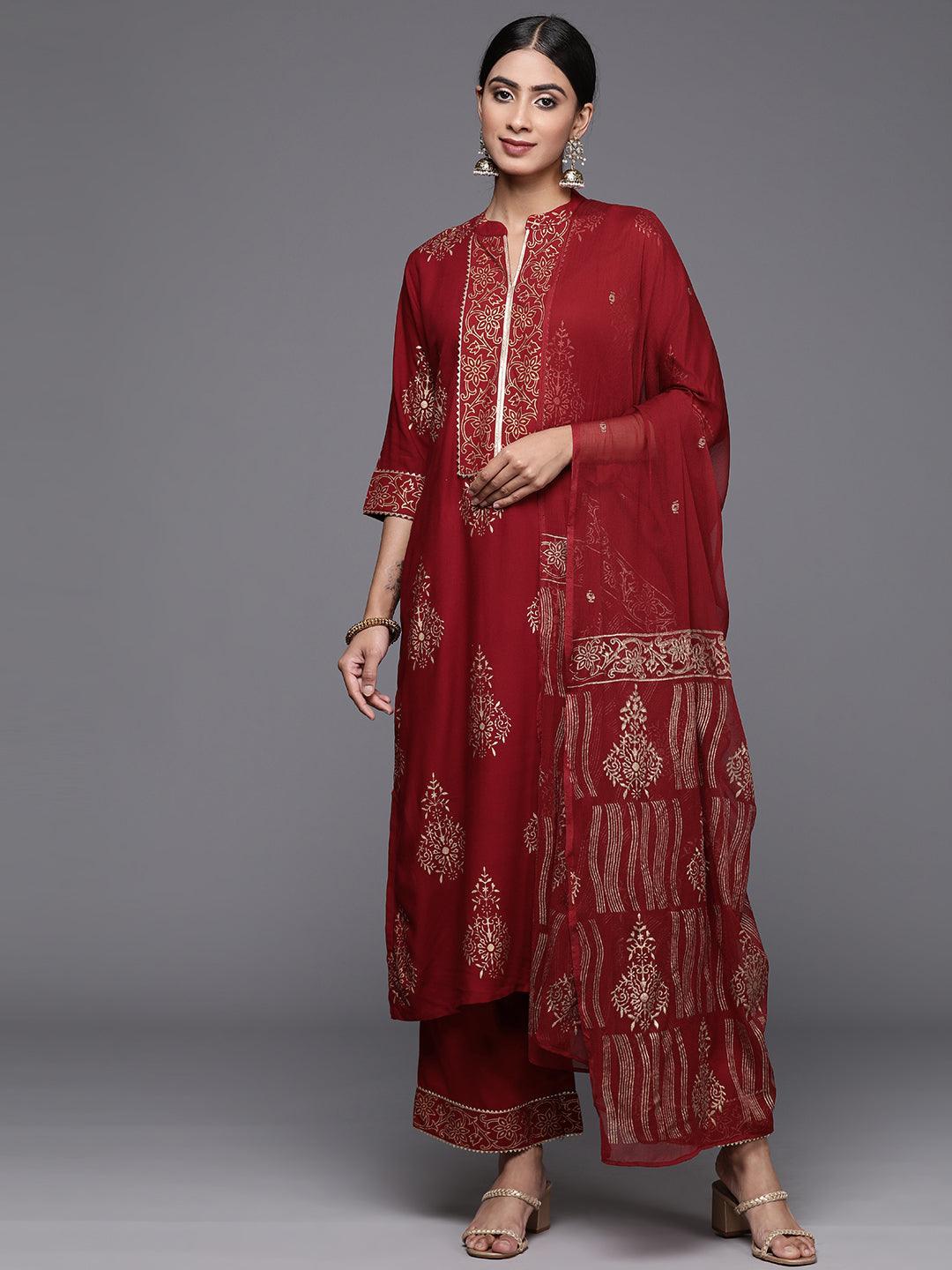 Maroon Printed Rayon Straight Kurta With Palazzos & Dupatta