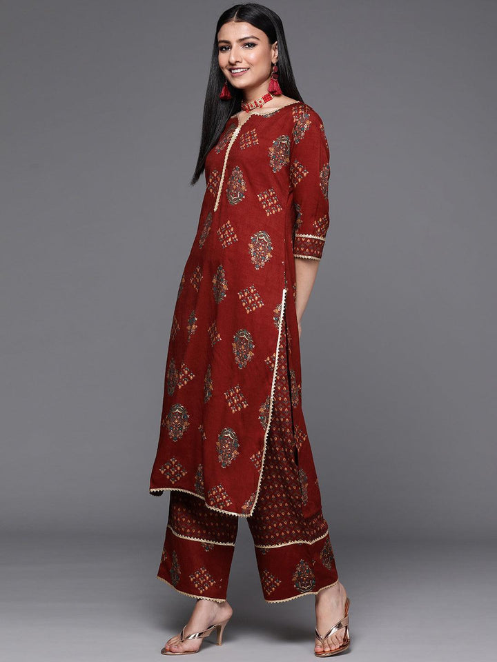 Maroon Printed Rayon Suit Set - ShopLibas