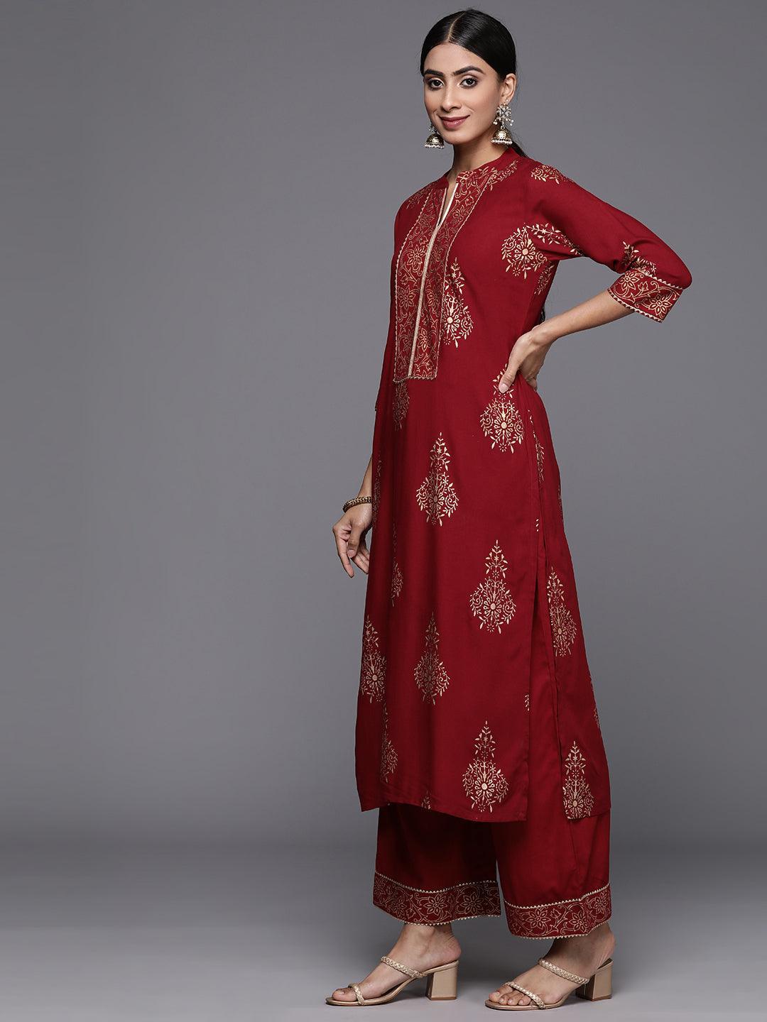 Maroon Printed Rayon Straight Kurta With Palazzos & Dupatta - Libas