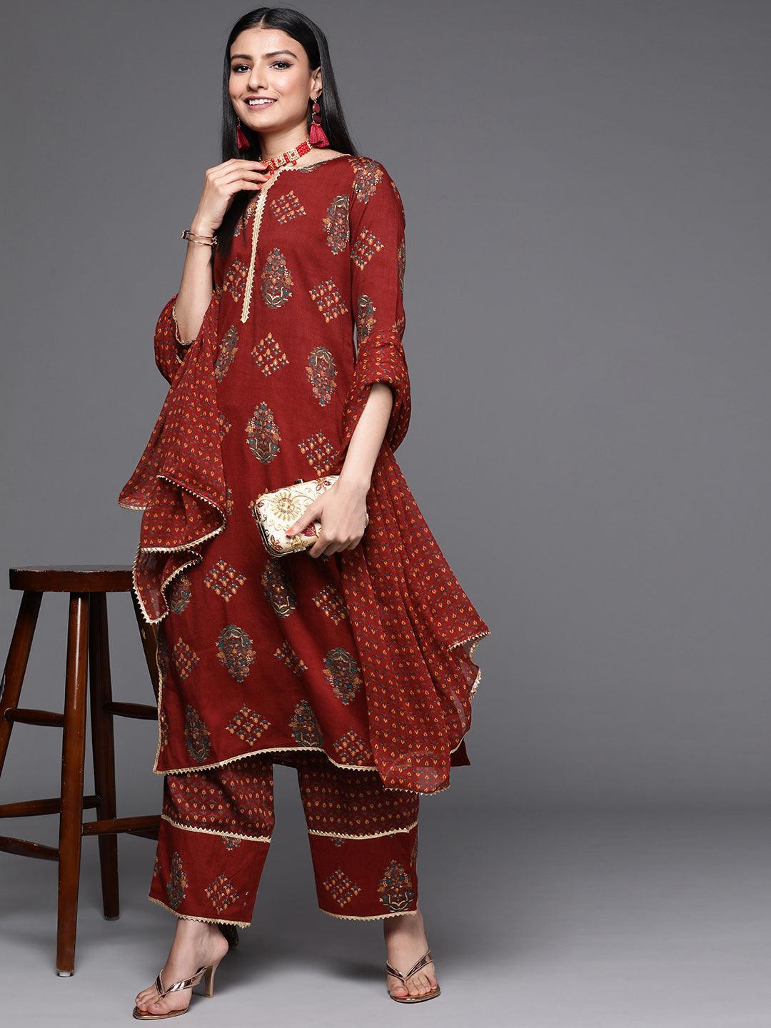 Maroon Printed Rayon Suit Set - ShopLibas