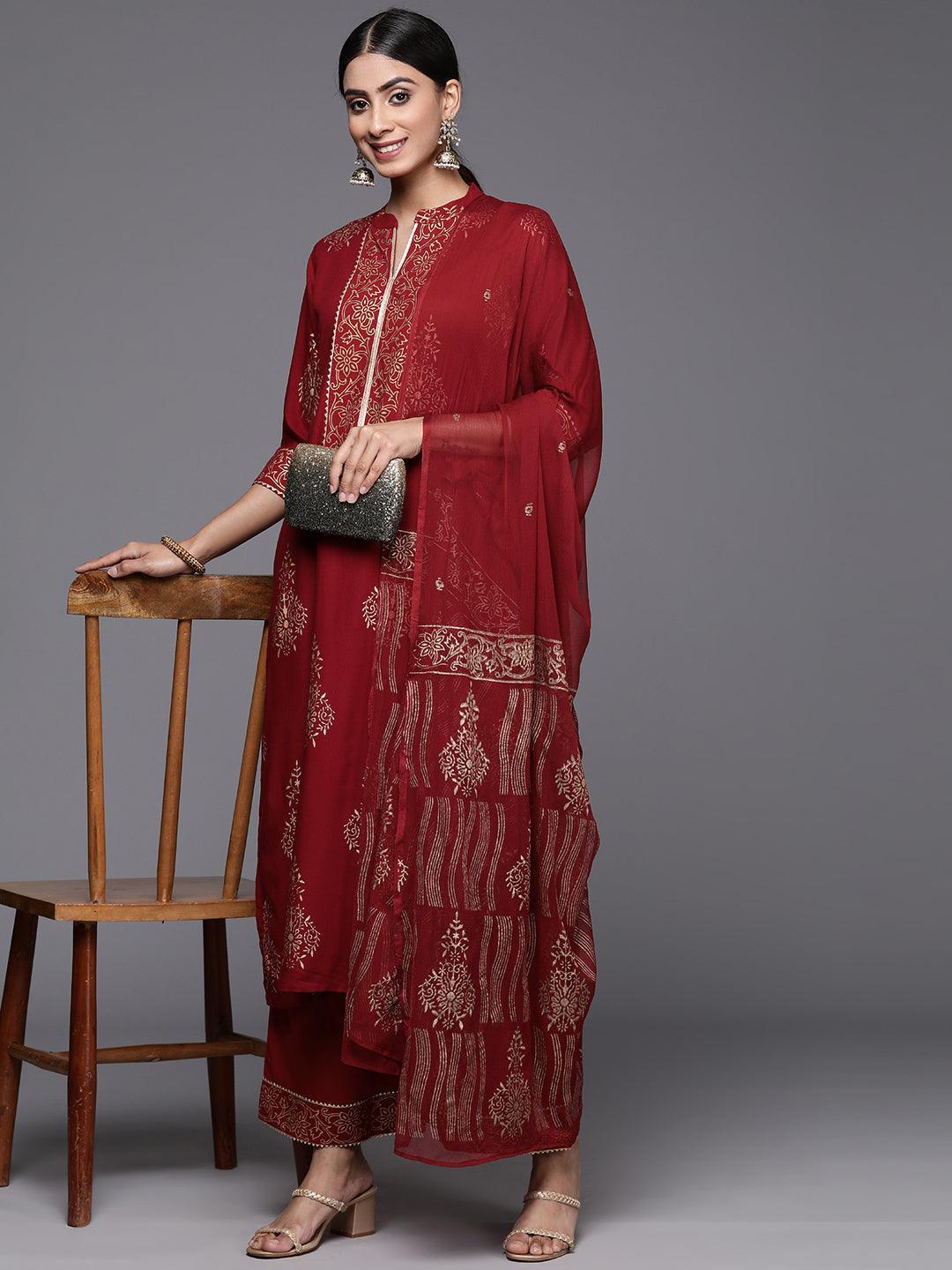 Maroon Printed Rayon Straight Kurta With Palazzos & Dupatta