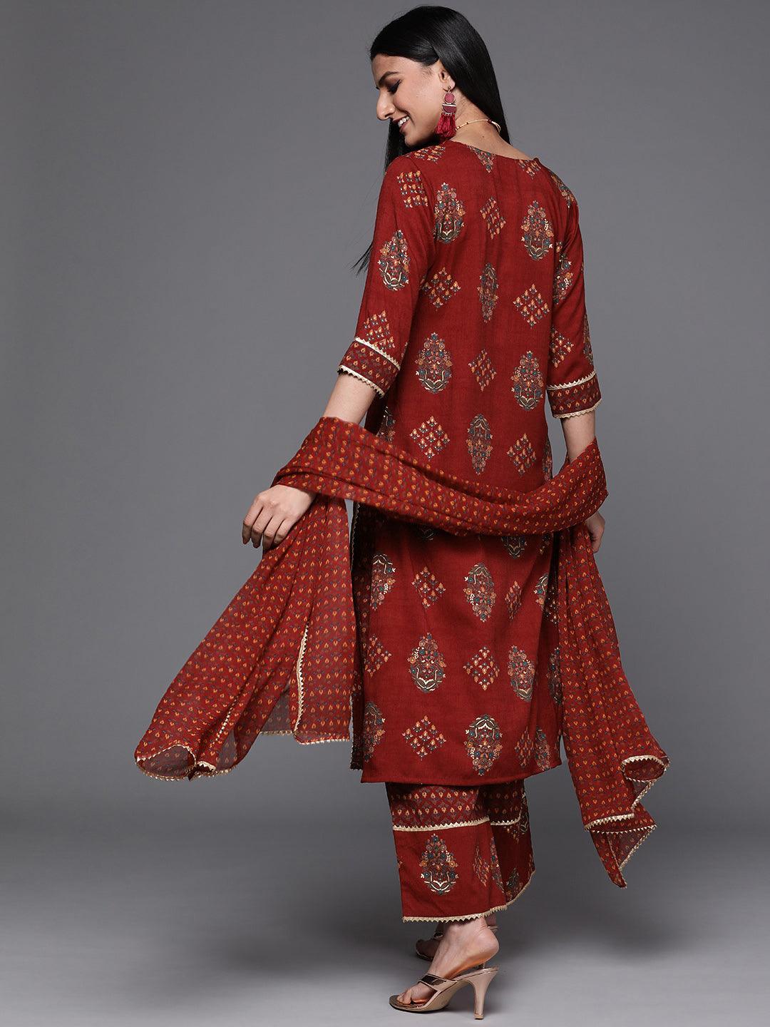 Maroon Printed Rayon Suit Set - ShopLibas