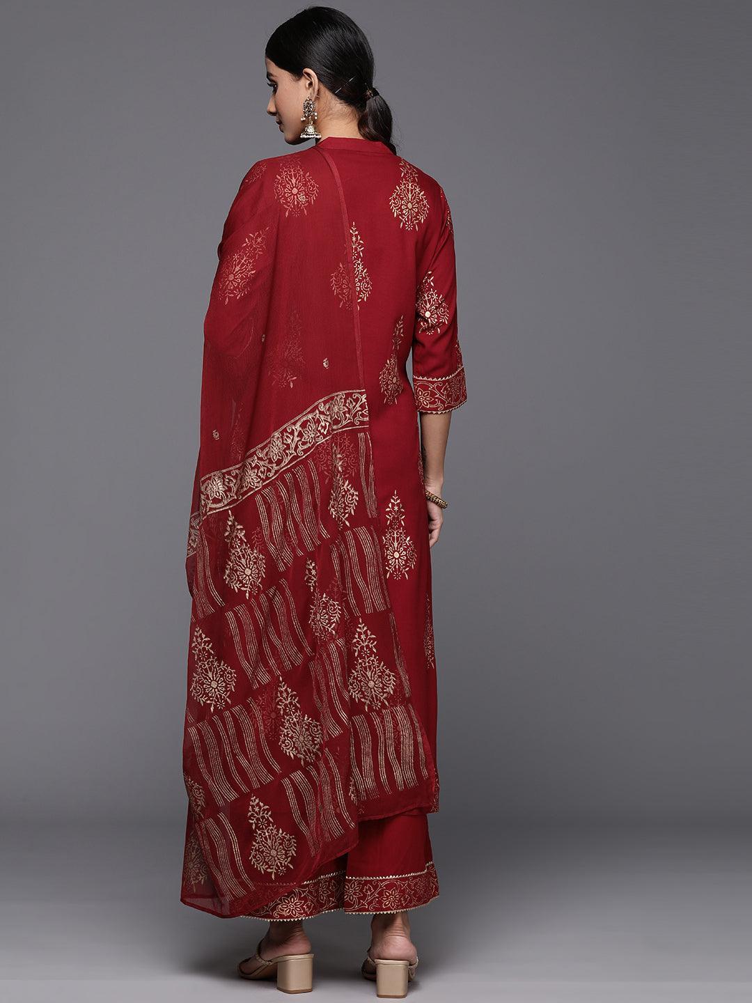 Maroon Printed Rayon Straight Kurta With Palazzos & Dupatta