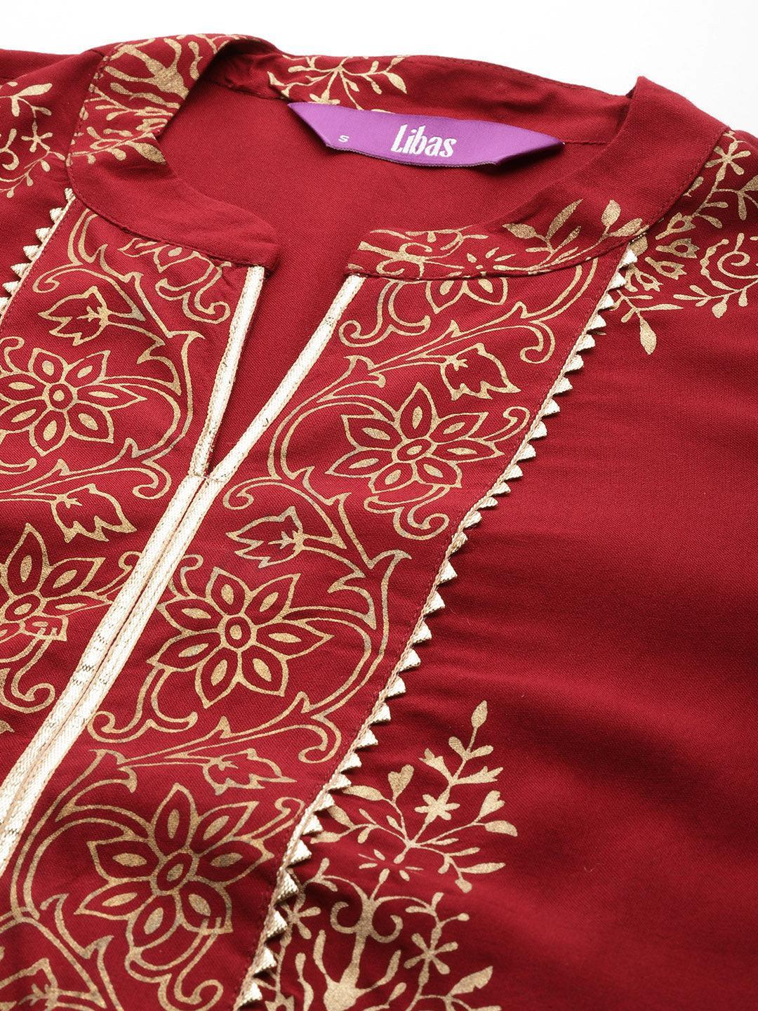 Maroon Printed Rayon Straight Kurta With Palazzos & Dupatta