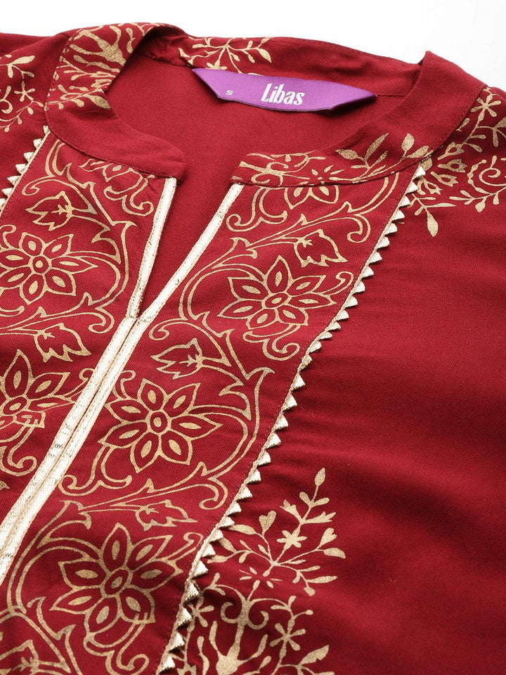 Maroon Printed Rayon Straight Kurta With Palazzos & Dupatta - Libas