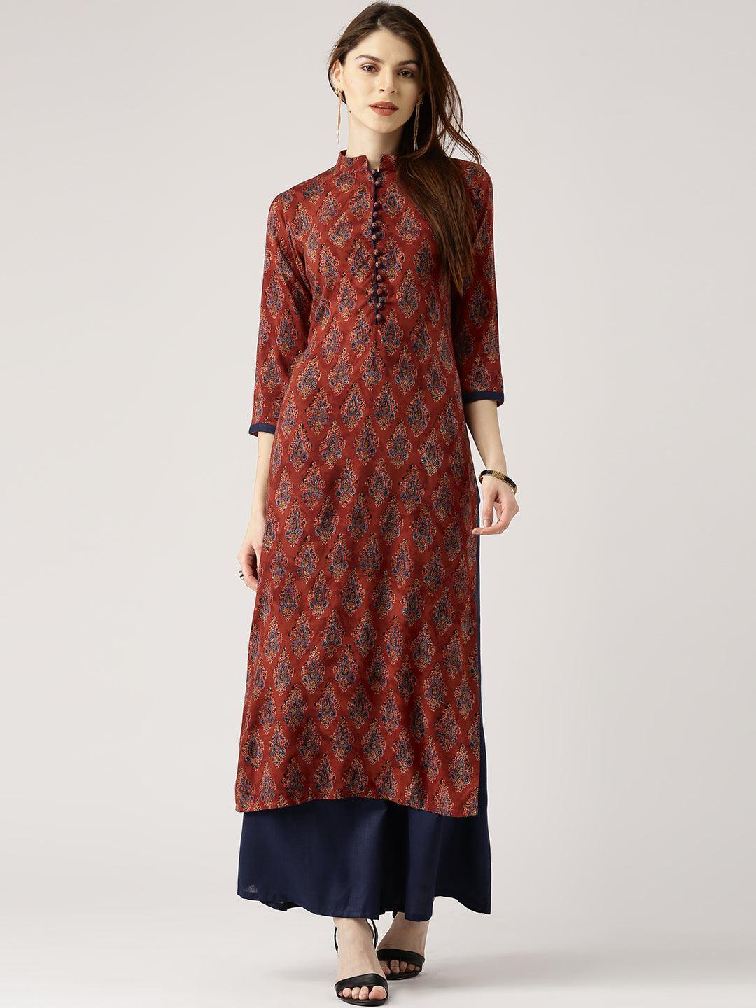 Maroon Printed Rayon Straight Kurta With Palazzos