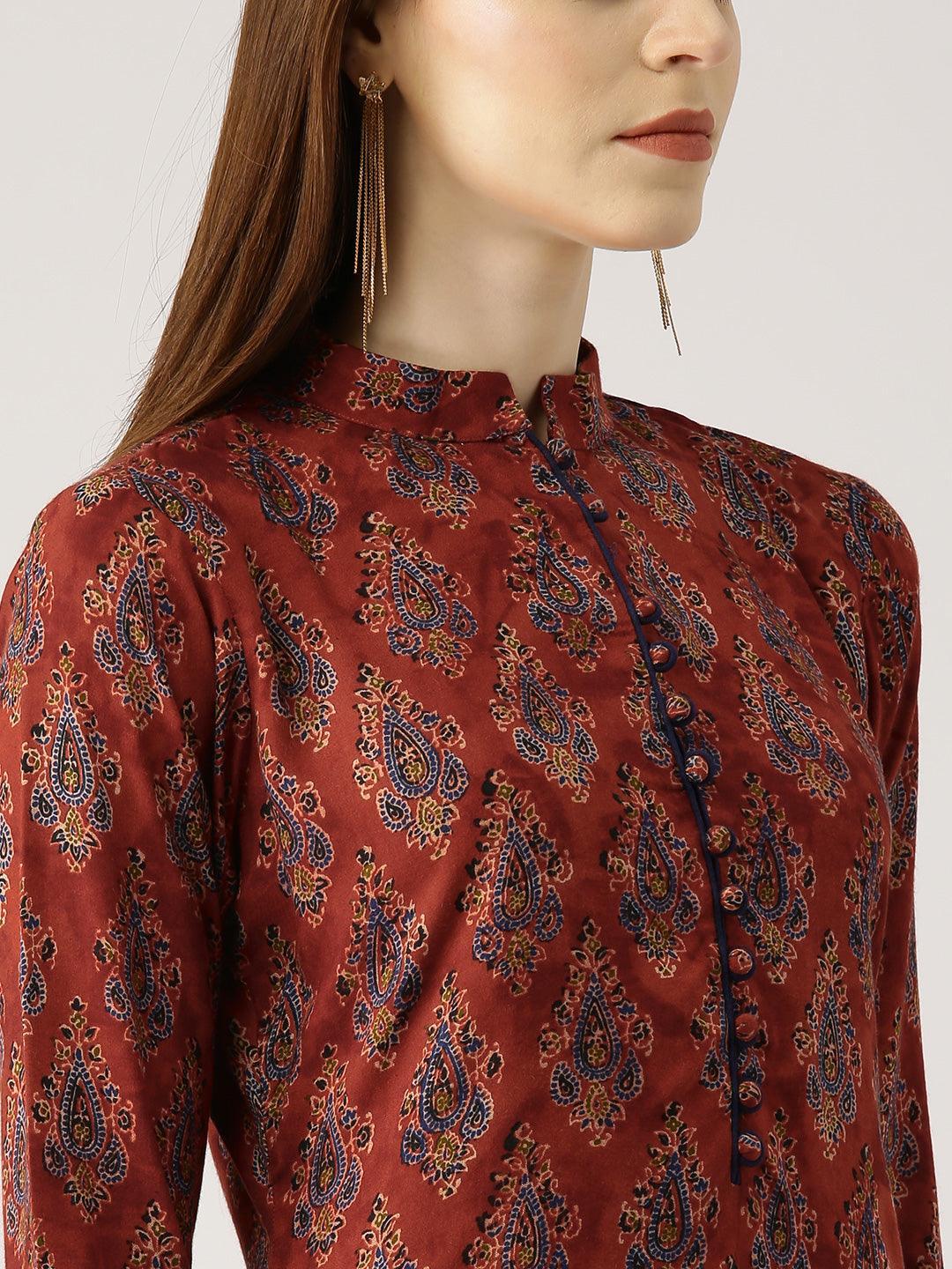 Maroon Printed Rayon Straight Kurta With Palazzos