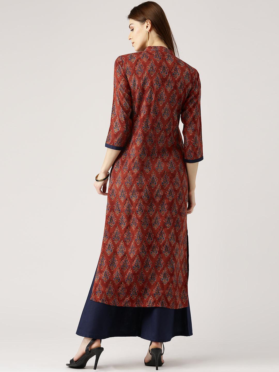 Maroon Printed Rayon Straight Kurta With Palazzos