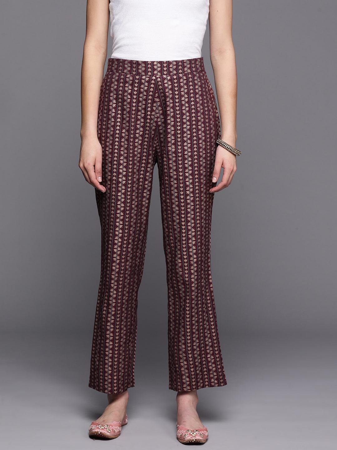 Maroon Printed Rayon Trousers - ShopLibas