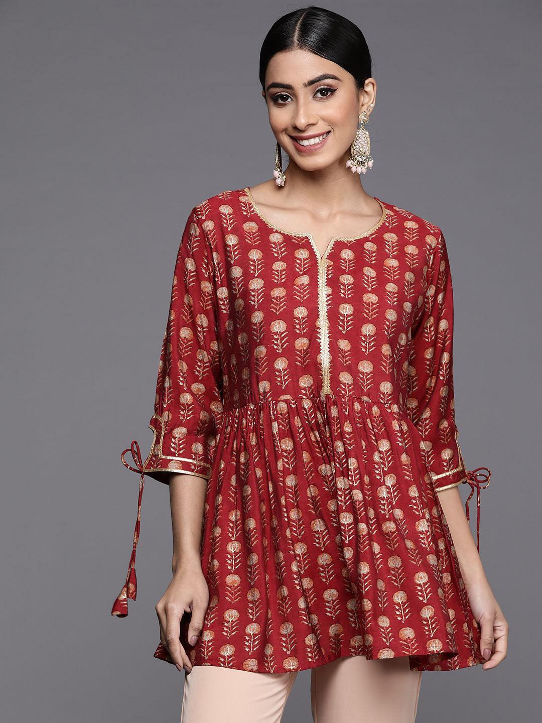 Maroon Printed Silk Blend A-Line Kurti