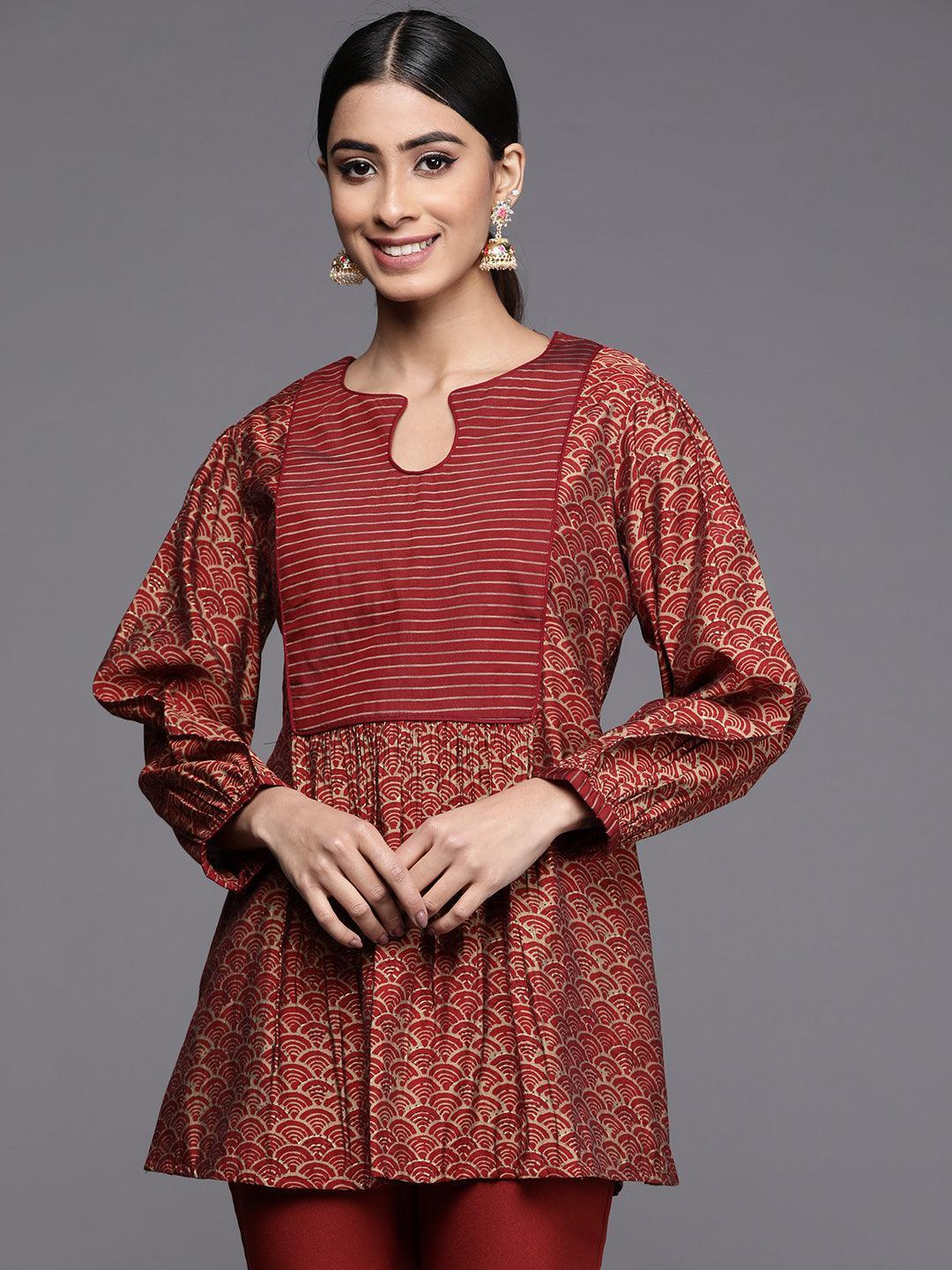 Maroon Printed Silk Blend A-Line Kurti