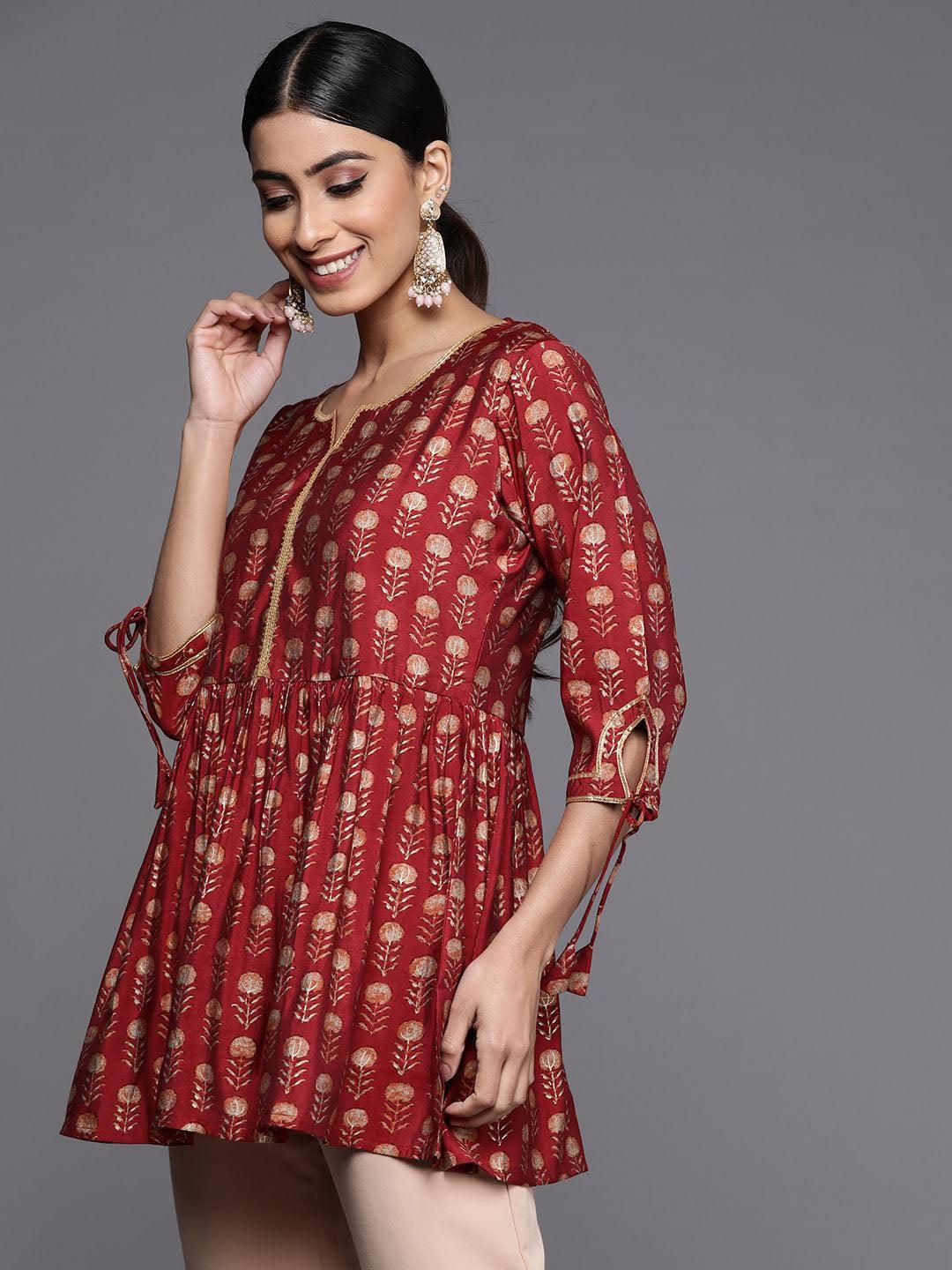 Maroon Printed Silk Blend A-Line Kurti