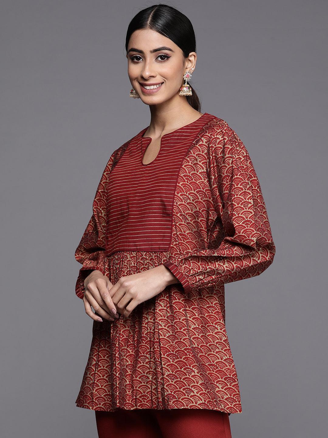 Maroon Printed Silk Blend A-Line Kurti