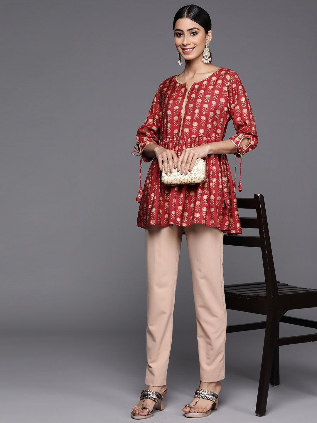 Maroon Printed Silk Blend A-Line Kurti