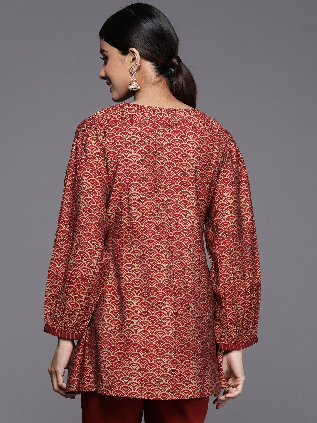 Maroon Printed Silk Blend A-Line Kurti