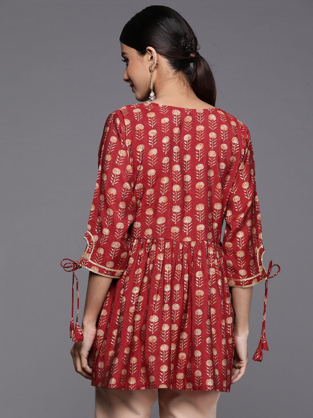 Maroon Printed Silk Blend A-Line Kurti