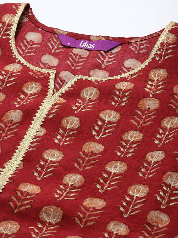 Maroon Printed Silk Blend A-Line Kurti - ShopLibas