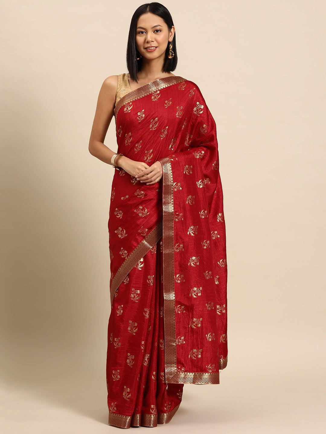 Maroon Printed Silk Blend Saree