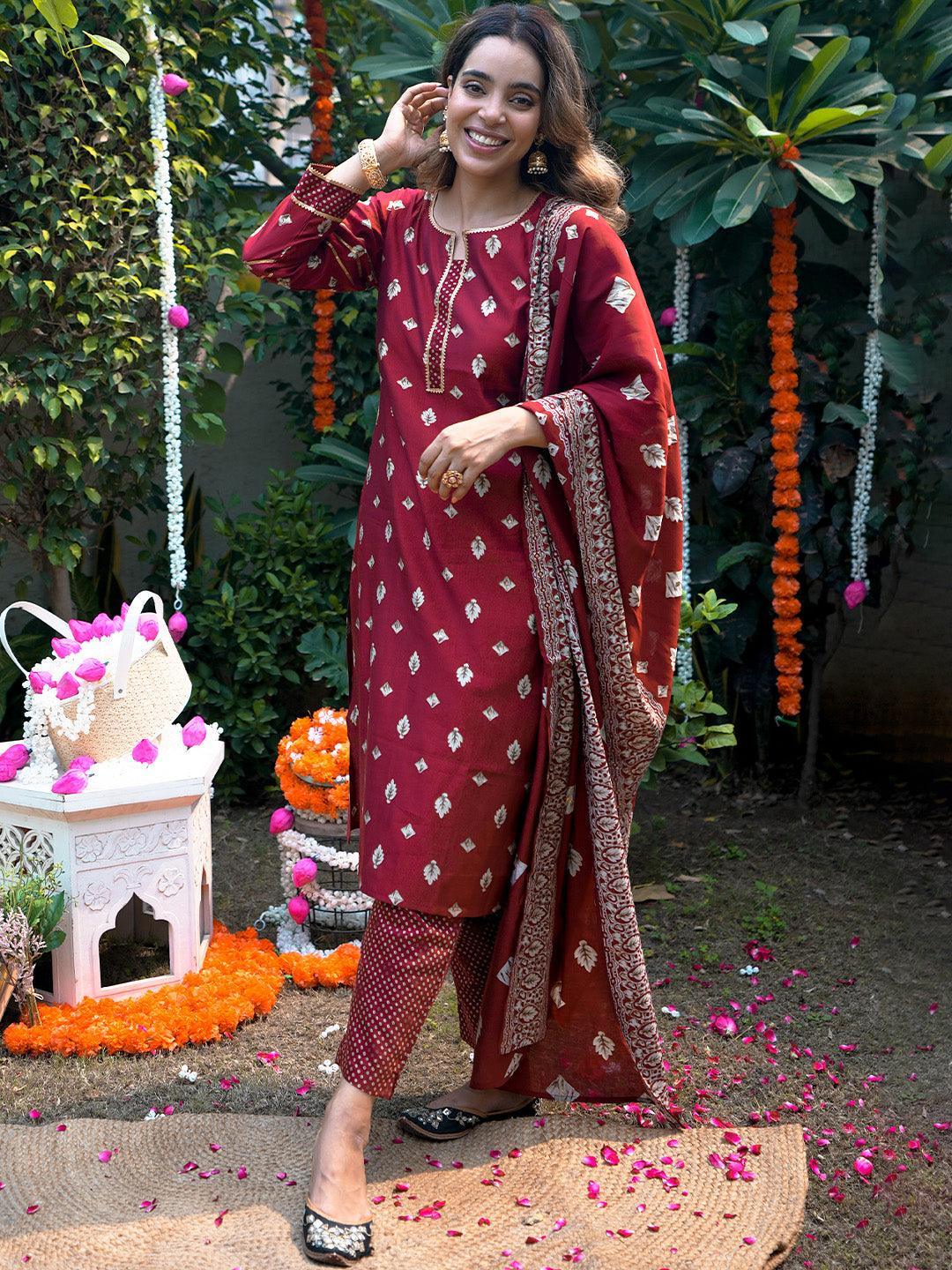 Maroon Printed Silk Blend Straight Suit Set - ShopLibas