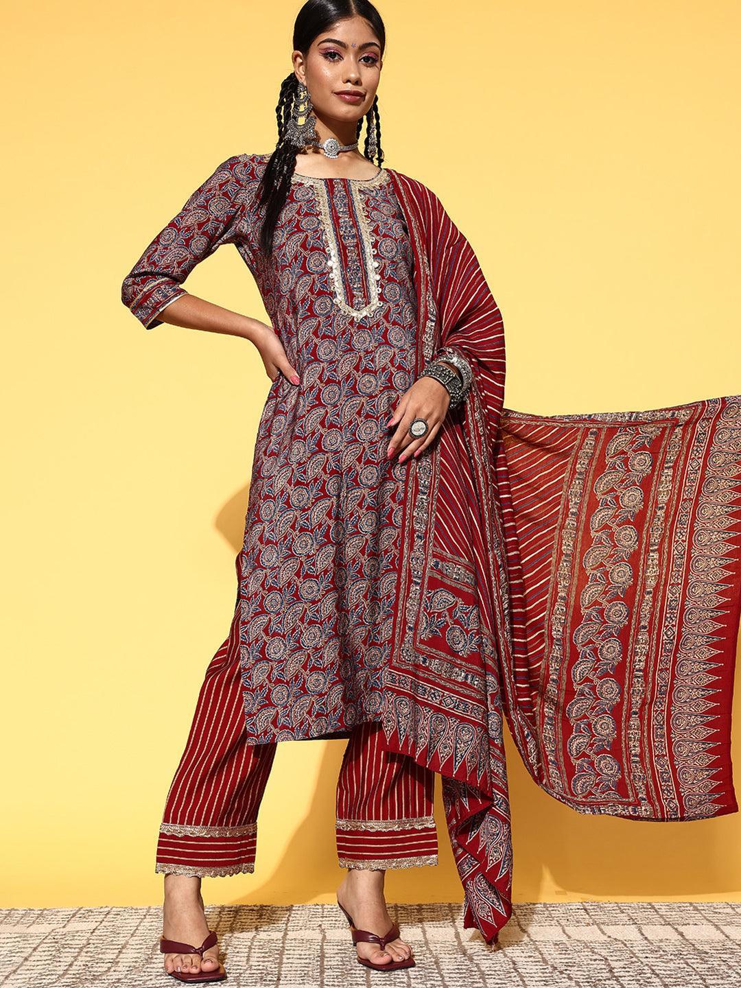 Maroon Printed Silk Blend Straight Suit Set