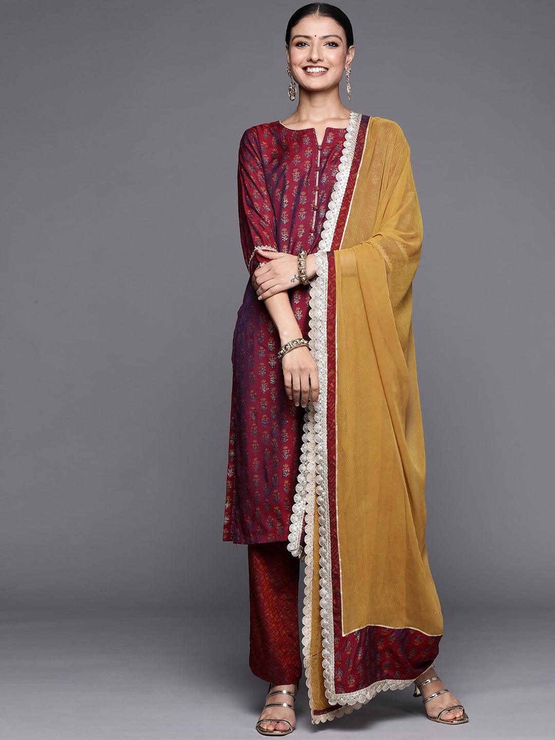 Maroon Printed Silk Blend Straight Suit Set