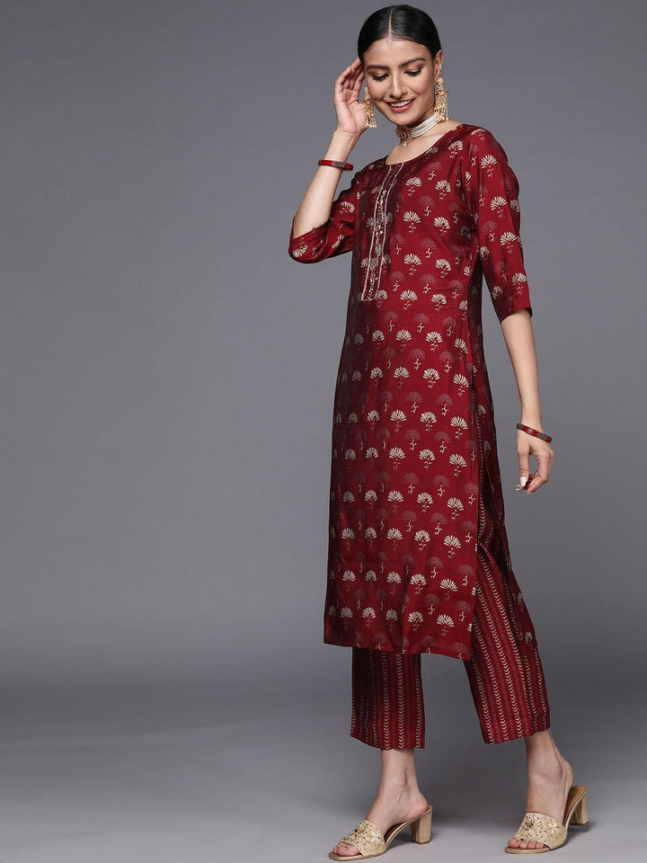 Maroon Printed Silk Blend Straight Suit Set - ShopLibas