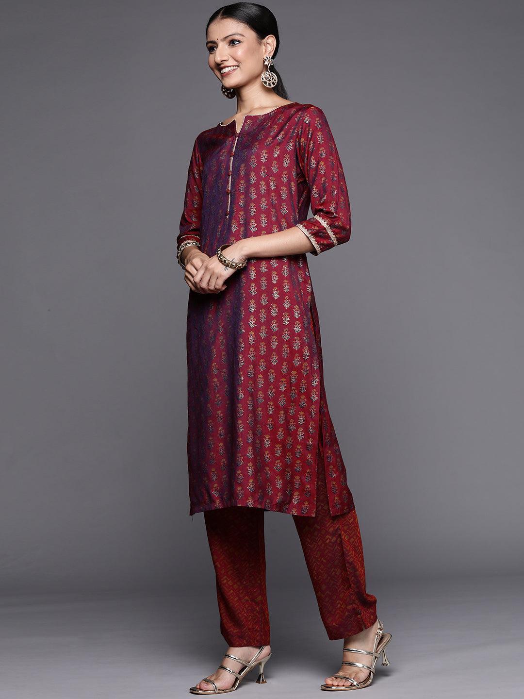 Maroon Printed Silk Blend Straight Suit Set