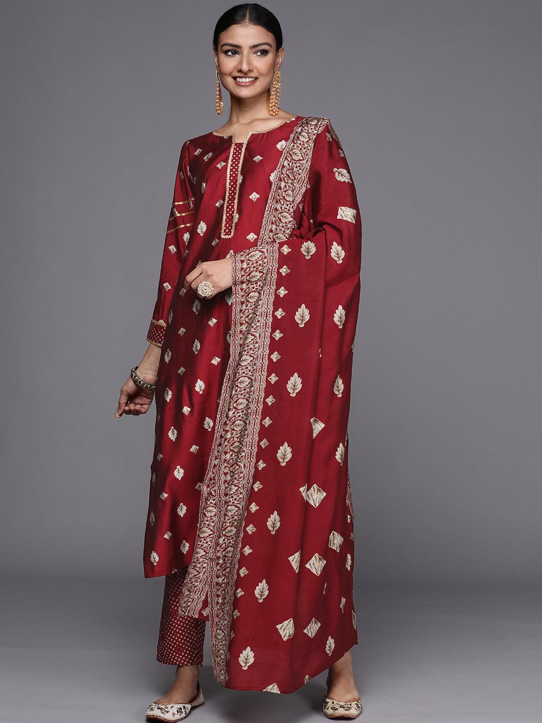 Maroon Printed Silk Blend Straight Suit Set - ShopLibas