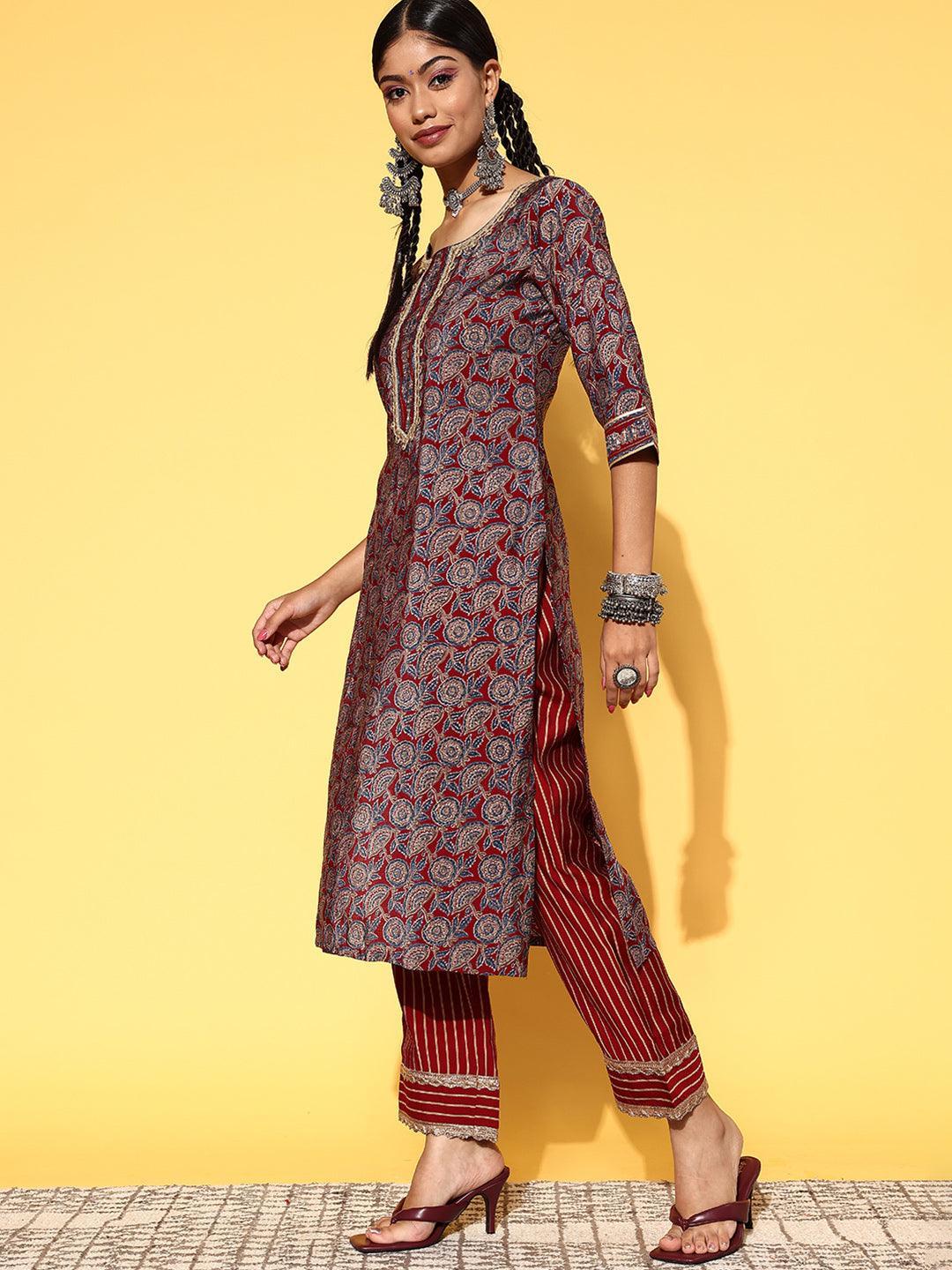 Maroon Printed Silk Blend Straight Suit Set